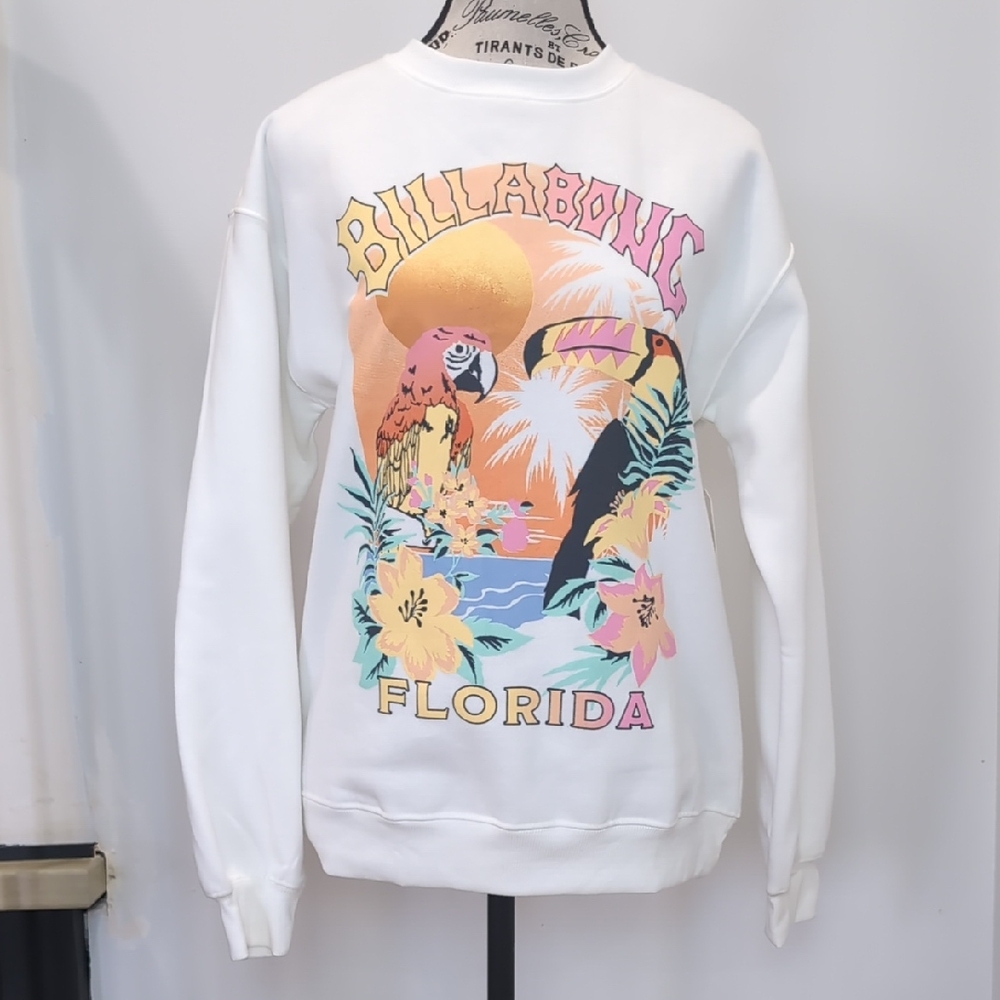 BILLABONG | Women's White Tropical Florida Fleeced Lined Oversized Sweatshirt